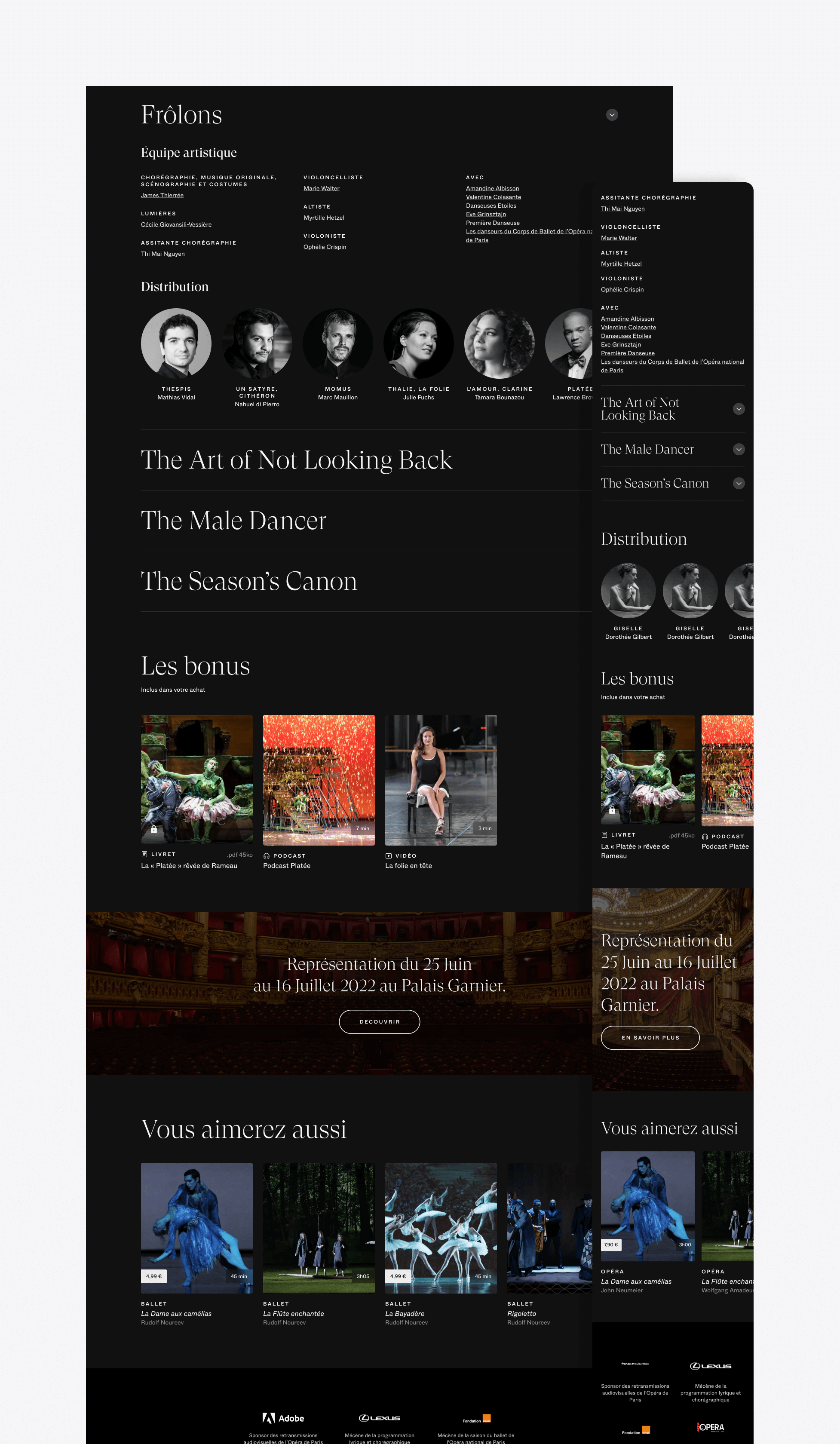 A ballet production's webpage displaying information about the performance 'Frôlons' including images of the cast, performance details, bonus content, and recommendations for similar shows. The UI UX design features a dark background with white and gold text, creating an elegant product interface.