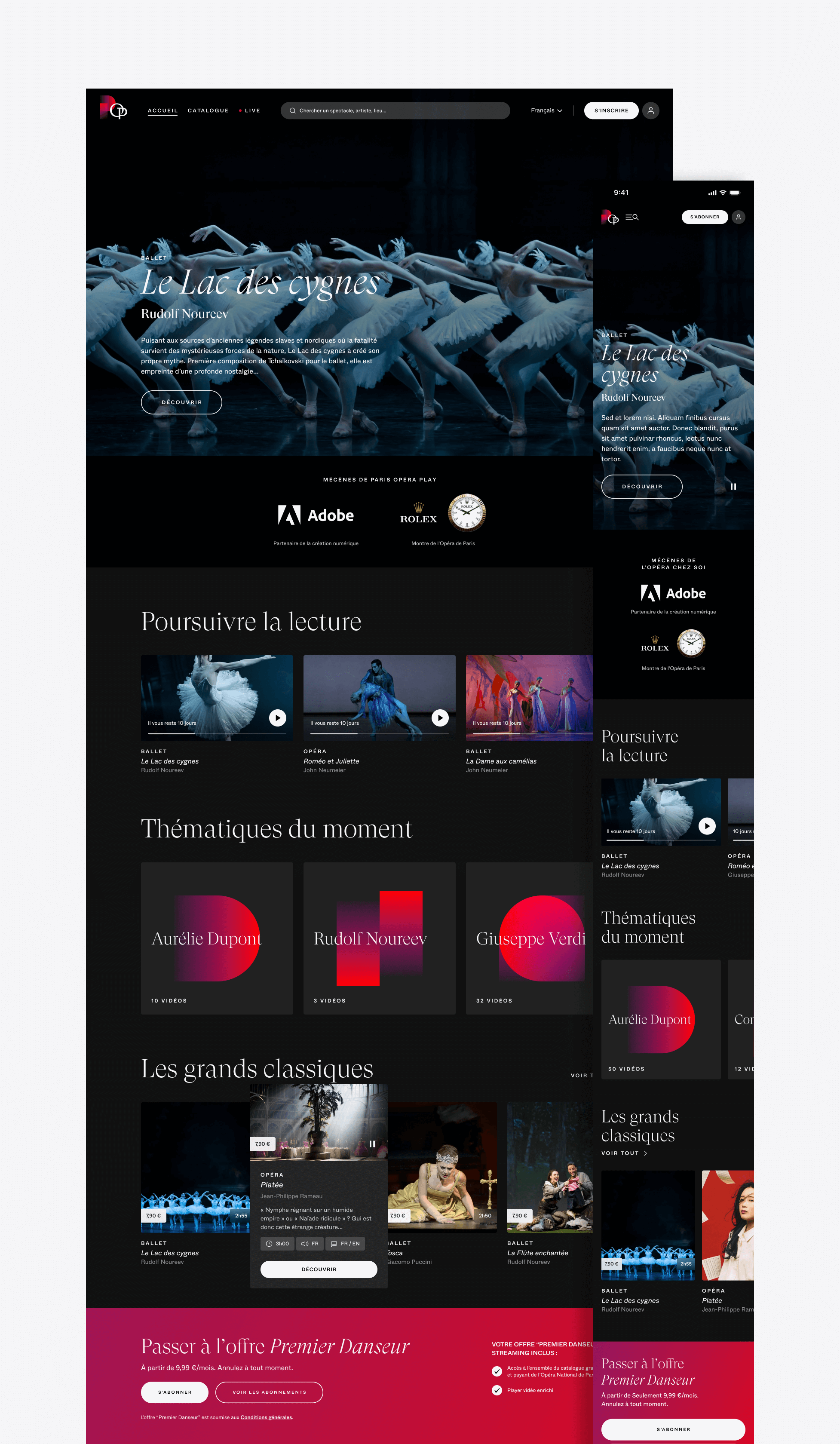 Screenshot of a website showcasing 'Le Lac des cygnes' (Swan Lake) with ballet dancers in the background. Sections include 'Poursuivre la lecture,' 'Thématiques du moment,' and 'Les grands classiques', containing articles and videos. The UI design is elegant, with Adobe and Rolex logos visible.
