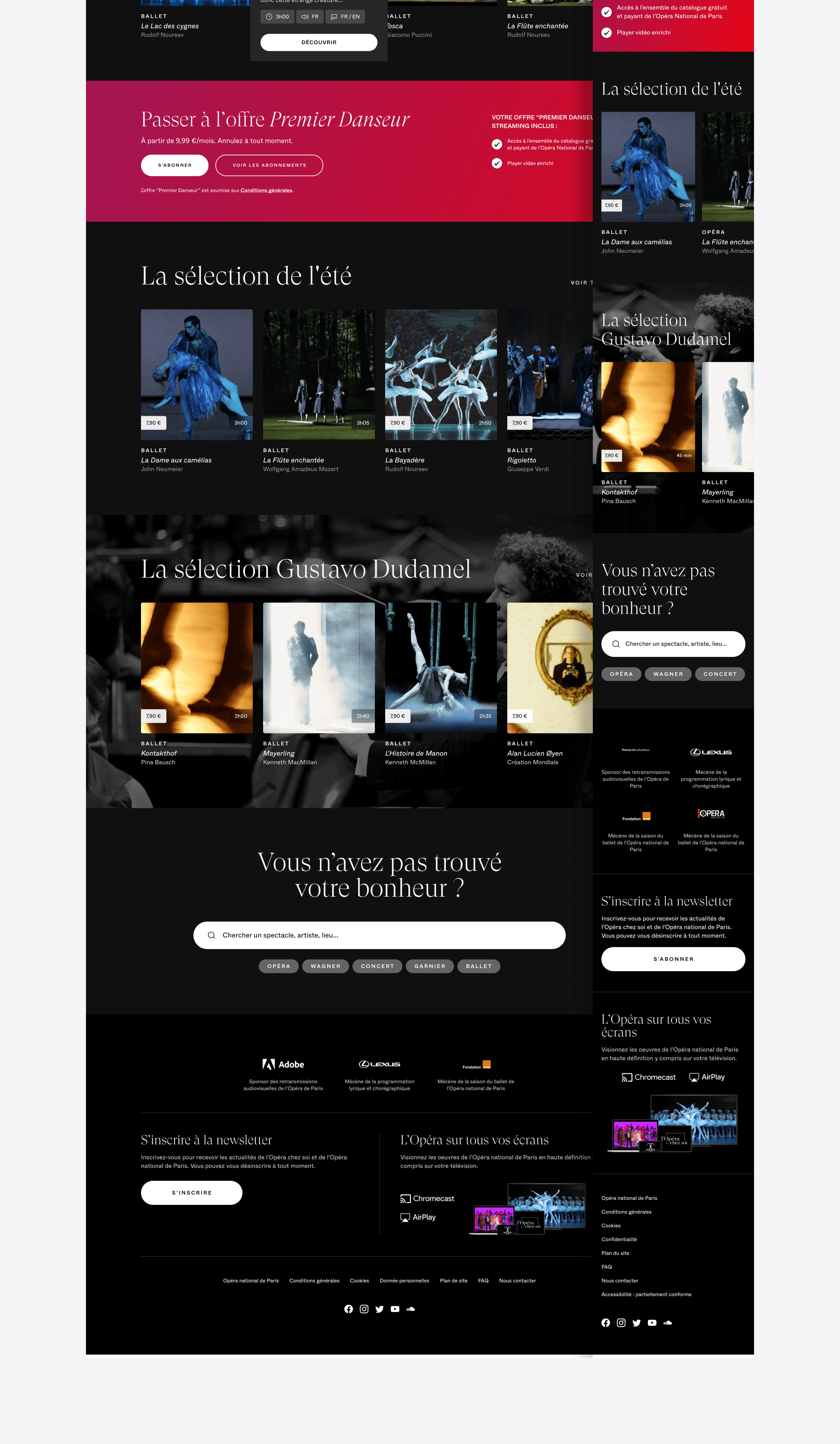 Screenshot of a music streaming web page showcasing various classical music playlists, categorized into sections like 'La sélection de l’été' and 'La sélection Gustavo Dudamel.' The dark-themed UI design features images of orchestras and musicians, along with multiple action buttons and navigation links for a seamless user experience.