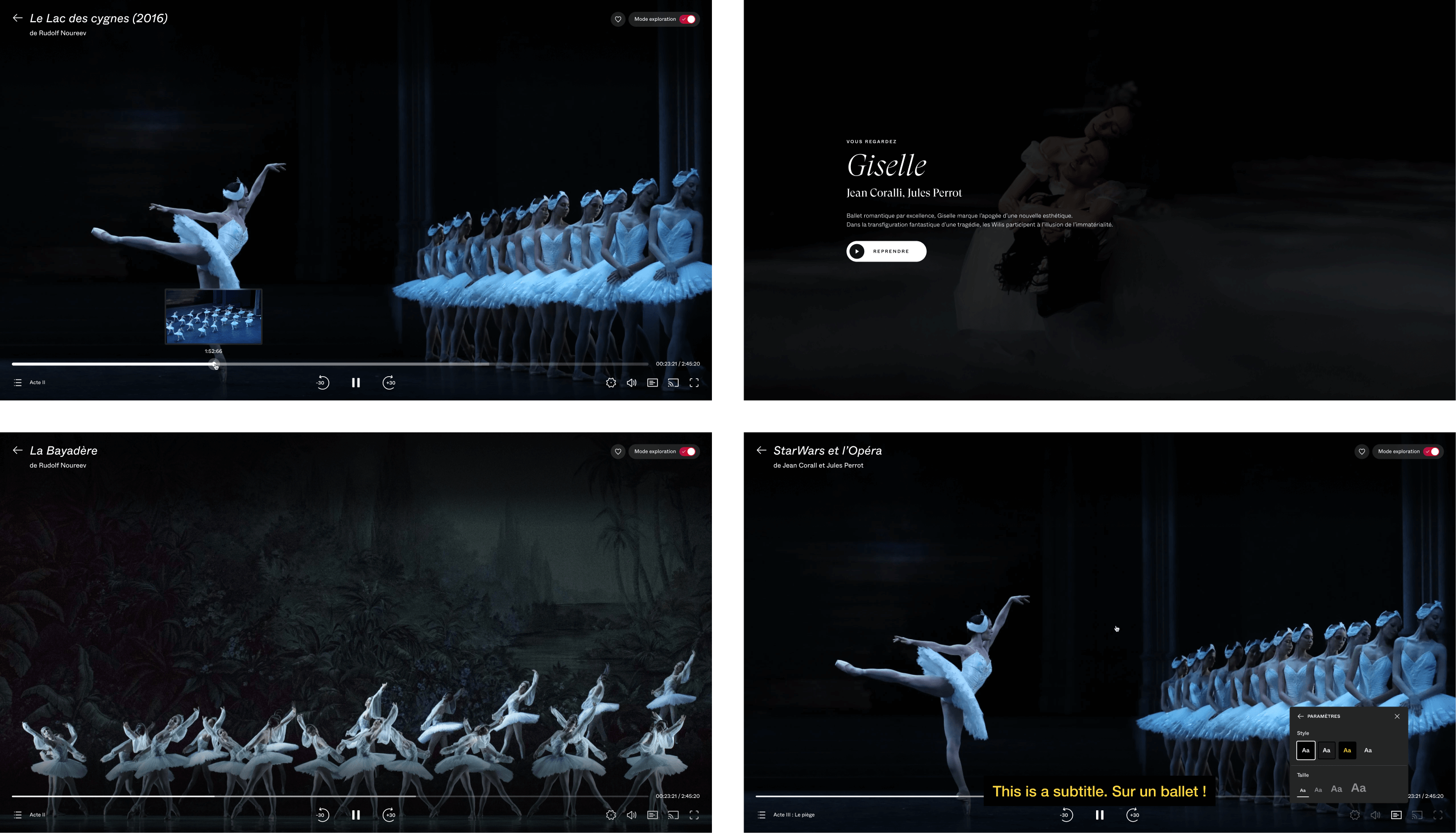 A composite image displays four scenes from ballet performances on a streaming platform's sleek interface. Each segment shows dancers in various stages of ballet routines, with accompanying on-screen text or subtitles. The background is predominantly dark, highlighting the dancers' movements and thoughtful UI design.