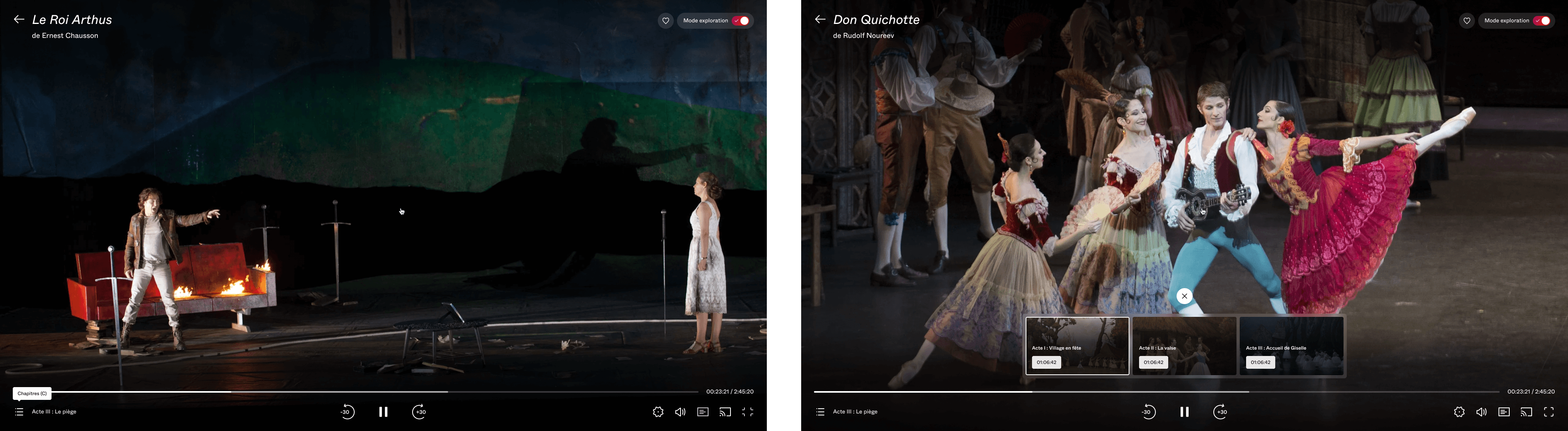 A split screen image showcasing two ballet performances. On the left, 'L’or du Rhin' with a dancer in white and another holding a long staff near a burning fire on stage against a green backdrop. On the right, 'Don Quixote' features colorful characters dancing energetically, reminiscent of an engaging UI UX design interface.