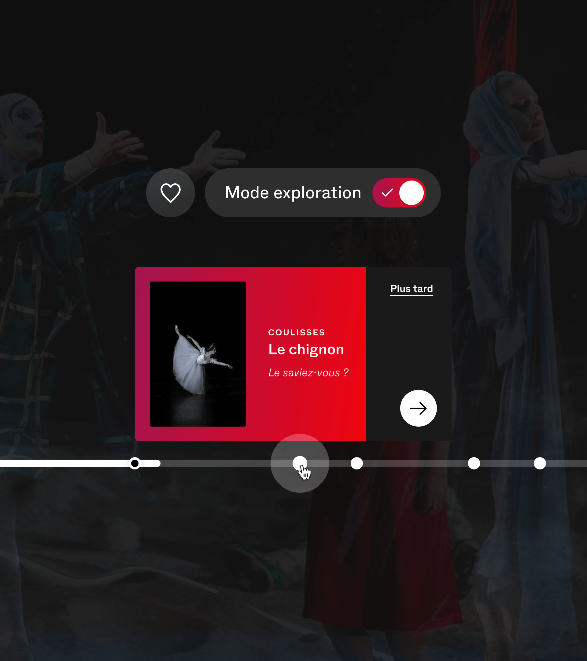 An elegantly designed product interface features a video thumbnail titled 'Le chignon' with a dancer in white. This UI UX design is part of a horizontal scrolling menu with a timeline and interactive elements, set against a backdrop of people in theatrical costumes.