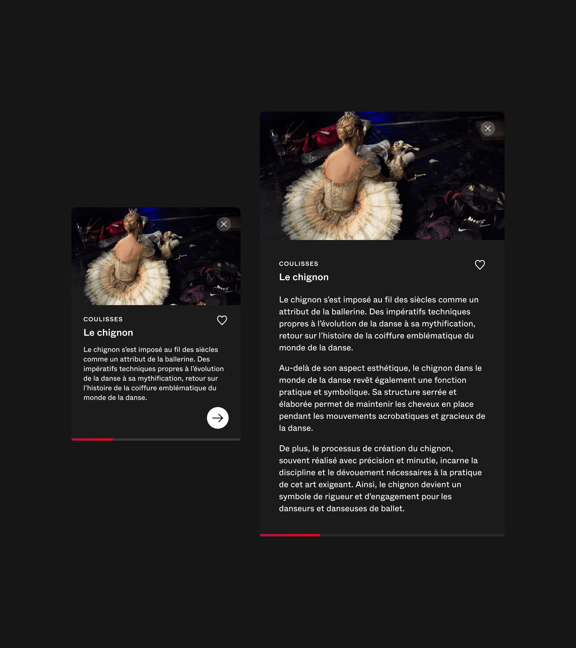 A dancer in a tutu and bun hairstyle stands on a stage. Text in French beside her titled 'Le chignon' discusses the historical and aesthetic significance of the bun hairstyle in ballet. The dark background with some visible stage equipment subtly mirrors the clean lines of a well-crafted product interface.