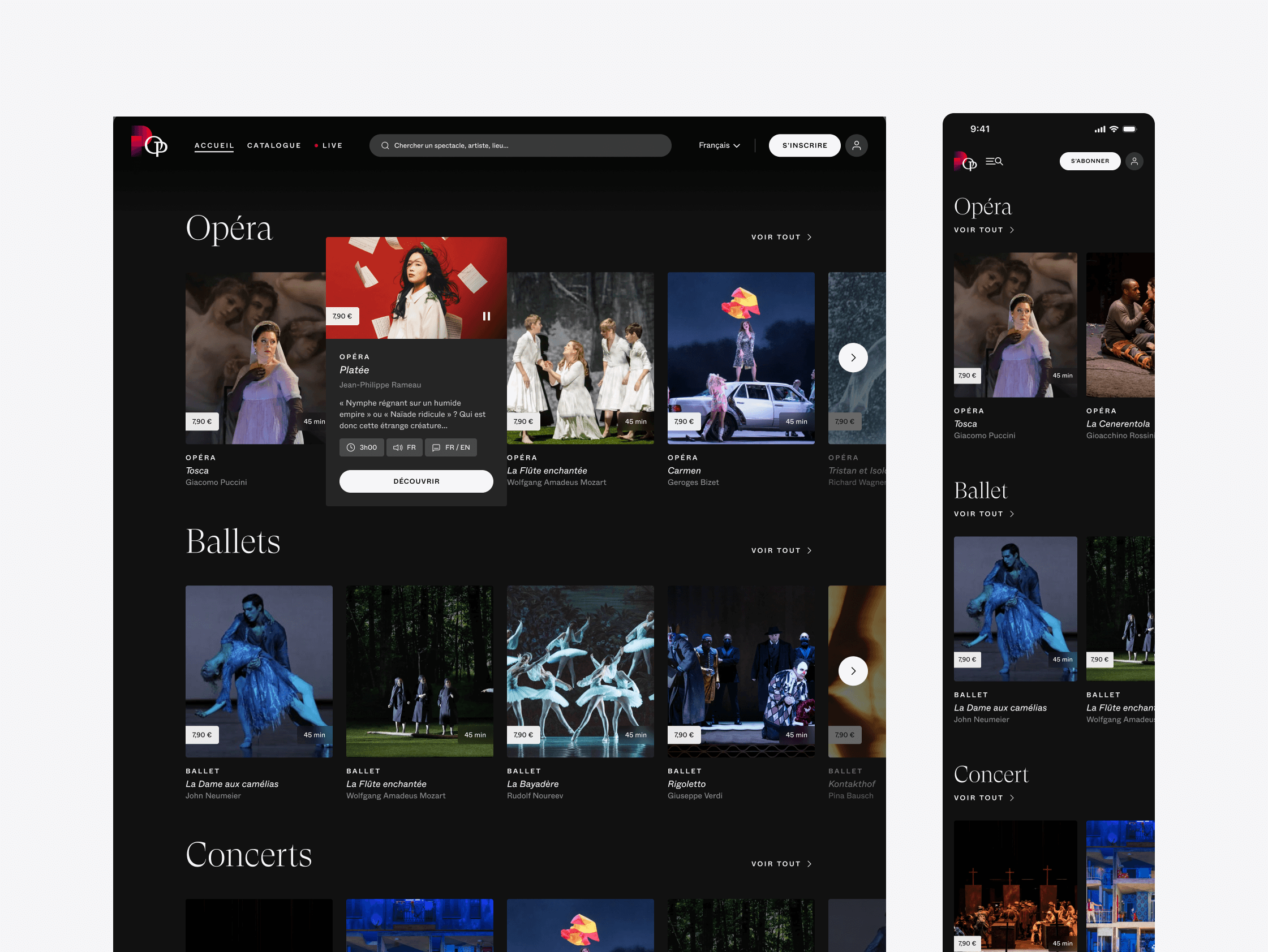 A webpage displaying a selection of operas, ballets, and concerts, with a focus on a featured opera 'Phénix'. The sleek UI design showcases images from each performance with dark tones and minimalistic icons. A mobile version of the site is shown to the right, highlighting its responsive UX interface.